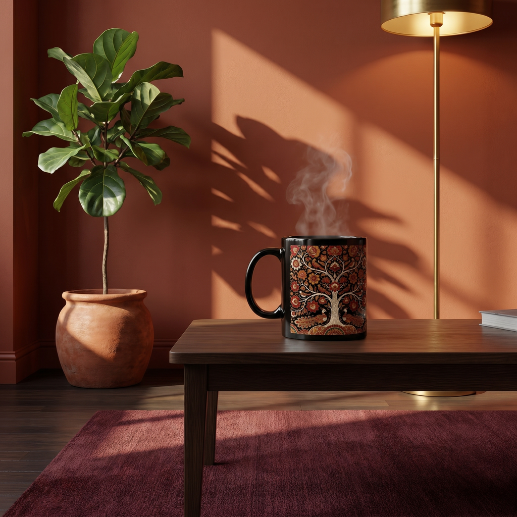 Steaming mug on a wooden table with a plant and lamp in a warm-toned room